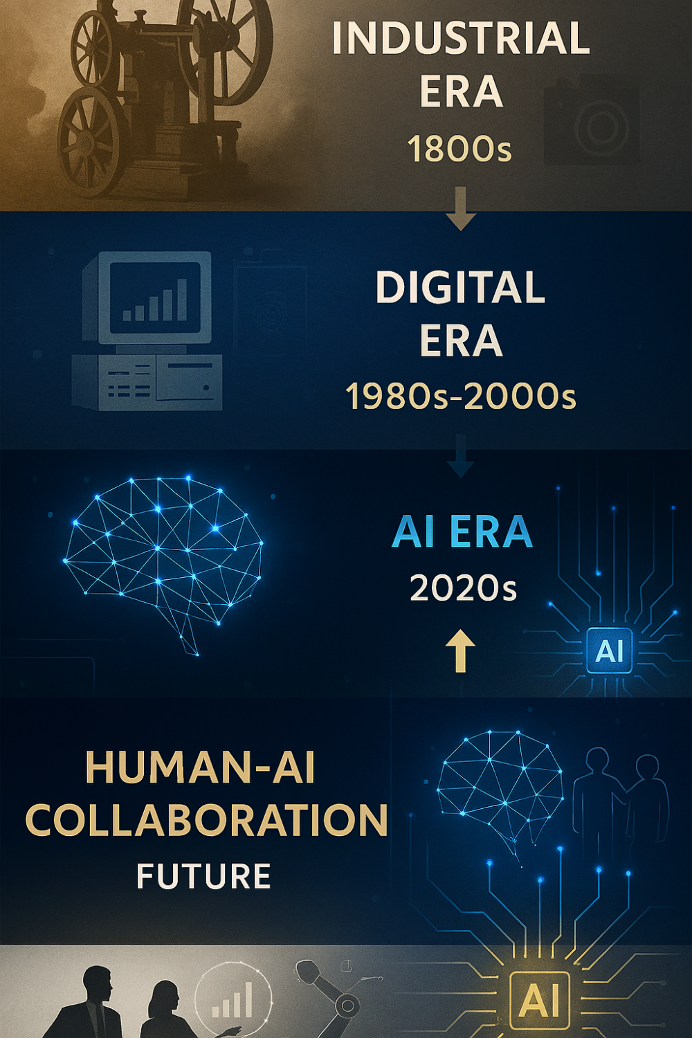 Timeline vertical de 4 etapas: Era Industrial (1800s) con maquinaria de vapor, Era Digital (1980s-2000s) con computadoras y sistemas, Era IA (2020s) con algoritmos y redes neuronales, y Futuro de Colaboración Humano-IA con ejecutivos trabajando con interfaces holográficas. Progresión cromática de tonos sepia históricos a colores vibrantes modernos.